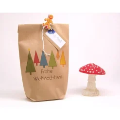 Set kleine Geschenktüte Frohe Weihnachten bunter Wald mit Kordel rot-weiß und Geschenkanhänger