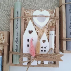 Silberhochzeit Geldgeschenk Silberhochzeitsgeschenk Häuser / Lichthäuser Kerzenhalter Herz Geschenkset Gutschein Kerzens