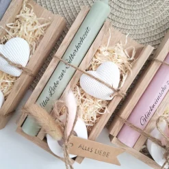 Silberhochzeit Silberhochzeitsgeschenk Dekoherz Kerzenhalter rund Kerze Kerzenset Stabkerze Kerze mit Kerzenbox Holzbox