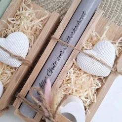 Silberhochzeit Silberhochzeitsgeschenk Dekoherz Kerzenhalter Herz Stabkerze Kerzenbox Holzbox Mitbringsel