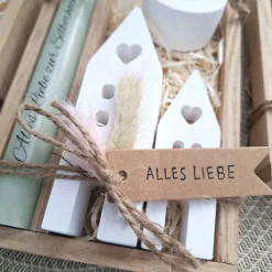 Silberhochzeit Silberhochzeitsgeschenk Häuser Lichthäuser Kerzenhalter rund Stabkerze Kerzenbox Holzbox Mitbringsel