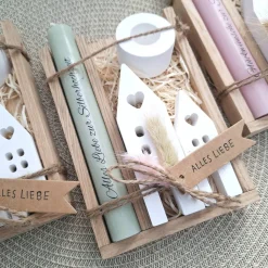Silberhochzeit Silberhochzeitsgeschenk Häuser Lichthäuser Kerzenhalter rund Stabkerze Kerzenbox Holzbox Mitbringsel