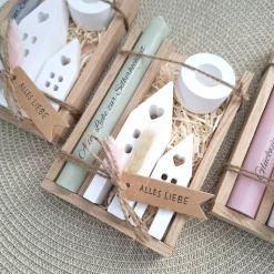 Silberhochzeit Silberhochzeitsgeschenk Häuser Lichthäuser Kerzenhalter rund Stabkerze Kerzenbox Holzbox Mitbringsel