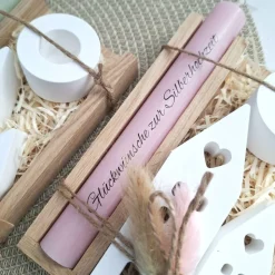 Silberhochzeit Silberhochzeitsgeschenk Häuser Lichthäuser Kerzenhalter rund Stabkerze Kerzenbox Holzbox Mitbringsel