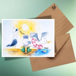 Sommerliche Postkarte mit Möwen – Sonne, Sand & Meer für Urlaubsfeeling