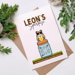Sparbuch mit QR-Code – personalisierte Geschenkidee zur Taufe, Geburt oder Einschulung | Handmade | Hamster