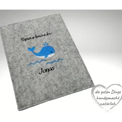Sparbuchhülle Filz WAL NAME. Geschenk zur Geburt, Taufe ...  KL421