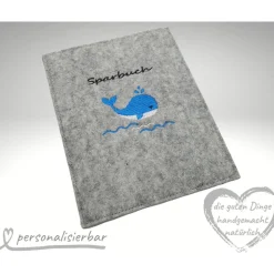Sparbuchhülle Filz WAL NAME. Geschenk zur Geburt, Taufe ...  KL421