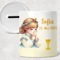 Spardose Geschenk zur Kommunion mit Name und Datum für Mädchen oder Junge