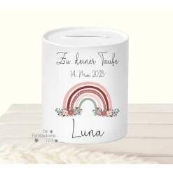 Sparschwein zur Taufe personalisiert Eukalyptus