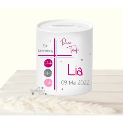 Sparschwein zur Taufe personalisiert Eukalyptus