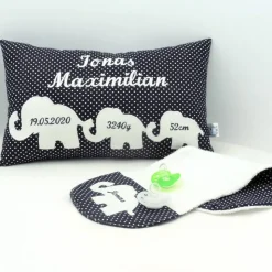 Sparset:Kissen und Spucktuch, Namenskissen bestickt, Geschenk Geburt Taufe Elefant für Jungen und Mädchen versch. Farben mögl