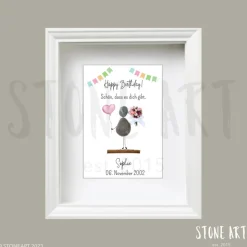 Steinbild „Happy Birthday – Schön, dass es Dich gibt“ – personalisiertes Geburtstagsgeschenk mit Herzluftballon & Blumenstrauß