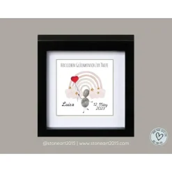 Steinbild Taufe mit Regenbogen & Herzballon – Taufgeschenk für Mädchen & Jungen – Personalisierte Karte zur Taufe