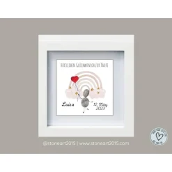 Steinbild Taufe mit Regenbogen & Herzballon – Taufgeschenk für Mädchen & Jungen – Personalisierte Karte zur Taufe