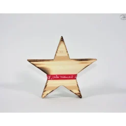 Stern aus Fichtenholz, rustikal geflammt mit rotem Satinband "Frohe Weihnachten" / Holzstern