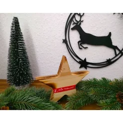 Stern aus Fichtenholz, rustikal geflammt mit rotem Satinband 