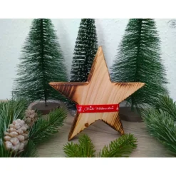 Stern aus Fichtenholz, rustikal geflammt mit rotem Satinband 