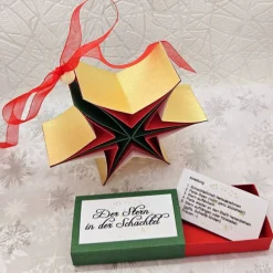 Stern in der Schachtel – 3D-Faltstern in Dunkelgrün, Rot & Mattgold mit Anleitung