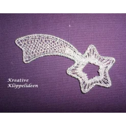 Sternschnuppe mit Klöppelarbeit silberfarben im Metallrahmen Weihnachtsdeko hängend