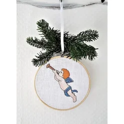 Stickbild im Rahmen Engel mit Bogen oder Flöte GESTICKT Leinen.