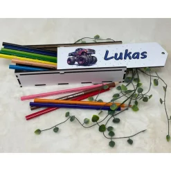 Stiftebox aus Holz personalisiert | Geschenk Einschulung| Federmäppchen Stifte Etui | Stifthalter Monstertruck