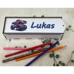 Stiftebox aus Holz personalisiert | Geschenk Einschulung| Federmäppchen Stifte Etui | Stifthalter Monstertruck