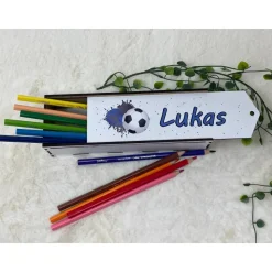 Stiftebox aus Holz personalisiert | Geschenk Einschulung| Federmäppchen Stifte Etui | Stifthalter Fussball Blau