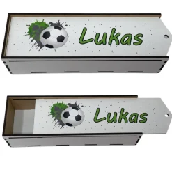 Stiftebox aus Holz personalisiert | Geschenk Einschulung| Federmäppchen Stifte Etui | Stifthalter Fussball Blau