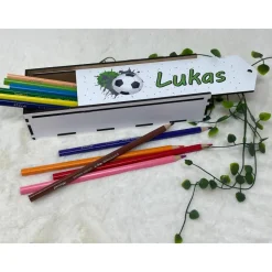 Stiftebox aus Holz personalisiert | Geschenk Einschulung| Federmäppchen Stifte Etui | Stifthalter Fussball Blau