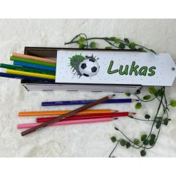 Stiftebox aus Holz personalisiert | Geschenk Einschulung| Federmäppchen Stifte Etui | Stifthalter Fussball Blau