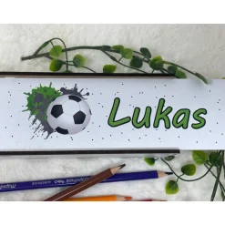 Stiftebox aus Holz personalisiert | Geschenk Einschulung| Federmäppchen Stifte Etui | Stifthalter Fussball Blau