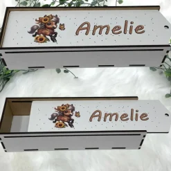 Stiftebox aus Holz personalisiert | Geschenk Einschulung| Federmäppchen Stifte Etui | Stifthalter Pferd