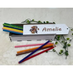 Stiftebox aus Holz personalisiert | Geschenk Einschulung| Federmäppchen Stifte Etui | Stifthalter Pferd
