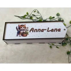 Stiftebox aus Holz personalisiert | Geschenk Einschulung| Federmäppchen Stifte Etui | Stifthalter Katze