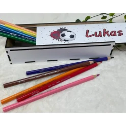 Stiftebox aus Holz personalisiert | Geschenk Einschulung| Federmäppchen Stifte Etui | Stifthalter Fussball Rot