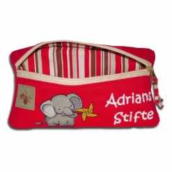 Stiftemäppchen in rot Federmäppchen Schlampermäppchen Etui für Krimskrams bestickt mit einem Elefanten und dem Namen des Kindes