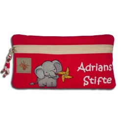Stiftemäppchen in rot Federmäppchen Schlampermäppchen Etui für Krimskrams bestickt mit einem Elefanten und dem Namen des Kindes