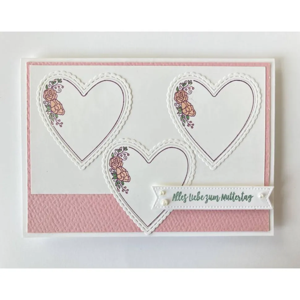 Stilvolle 3D Muttertagskarte Herzen in Weiß/Rosa Handarbeit Stampin'Up!