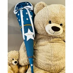 Stoff Schultüte - später als Kuschelkissen verwendbar -  Jeansblau mit Sterne, Punkte und auf Wunsch personalisert