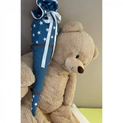 Stoff Schultüte - später als Kuschelkissen verwendbar -  Jeansblau mit Sterne, Punkte und auf Wunsch personalisert