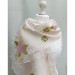 STOLA " ROSE ", Seide & Wolle, Handarbeit, Cremeweiß/Rosa/Grün, Accessoires  & Dekoration