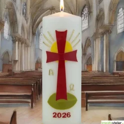 Strahl des Lebens – Handverzierte Osterkerze mit rotem Kreuz, Sonne & Alpha/Omega