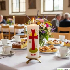Strahl des Lebens – Handverzierte Osterkerze mit rotem Kreuz, Sonne & Alpha/Omega