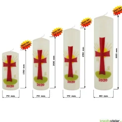 Strahl des Lebens – Handverzierte Osterkerze mit rotem Kreuz, Sonne & Alpha/Omega