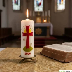 Strahl des Lebens – Handverzierte Osterkerze mit rotem Kreuz, Sonne & Alpha/Omega