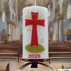 Strahl des Lebens – Handverzierte Osterkerze mit rotem Kreuz, Sonne & Alpha/Omega