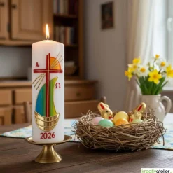Strahlen der Hoffnung - Handgefertigte Osterkerze mit Kreuz, Segelschiff, Sonne, Alpha&Omega, Osterkerze religiös