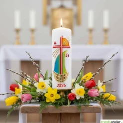 Strahlen der Hoffnung - Handgefertigte Osterkerze mit Kreuz, Segelschiff, Sonne, Alpha&Omega, Osterkerze religiös
