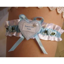 Strumpfband, Brautstrumpfband, Hochzeit, Braut, weiß, blau, Röschen, Wunschtext, Vornamen, Hochzeitsdatum, Spruch